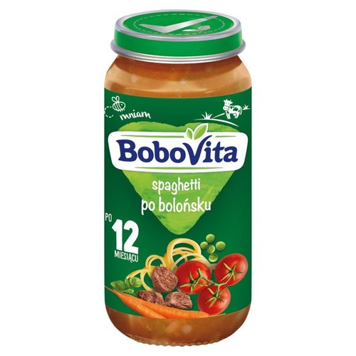Słoiczek BoboVita Spaghetti Bolognese dla dzieci po 12 miesiącu. Na etykiecie grafika makaronu, mięsa, pomidorów i warzyw.
