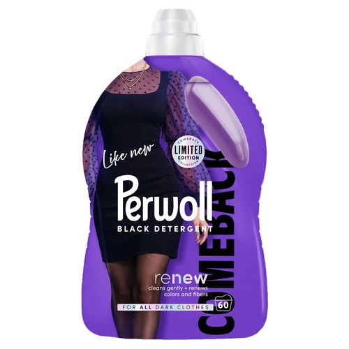 Płyn do prania Perwoll Black Detergent, 60 prań. Fioletowa butelka z grafiką kobiety w czarnej sukience.
