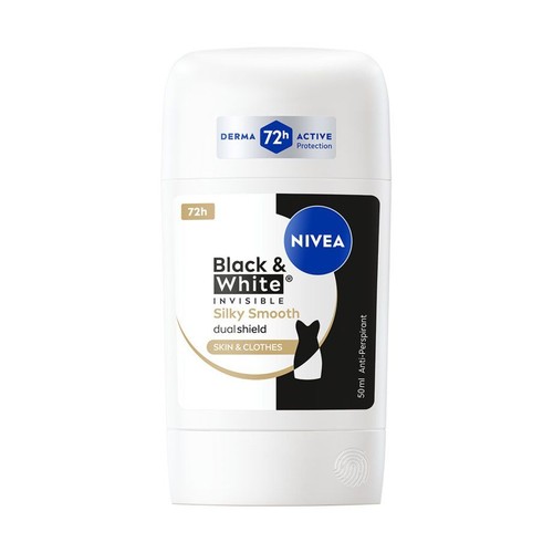Opakowanie antyperspirantu Nivea Black & White Invisible Silky Smooth. Sztyft 50 ml, z czarno-białą etykietą.