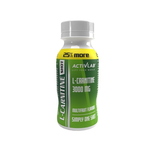 Suplement diety Activlab L-Carnitine Shot 3000 mg w zielonej butelce z białą zakrętką. Etykieta informuje o smaku wieloowocowym, "25% więcej" i haśle "Lift Your World".