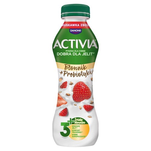 Butelka jogurtu pitnego Activia Truskawka Zboża. Na etykiecie grafika truskawek i zbóż. Produkt z błonnikiem i probiotykami.
