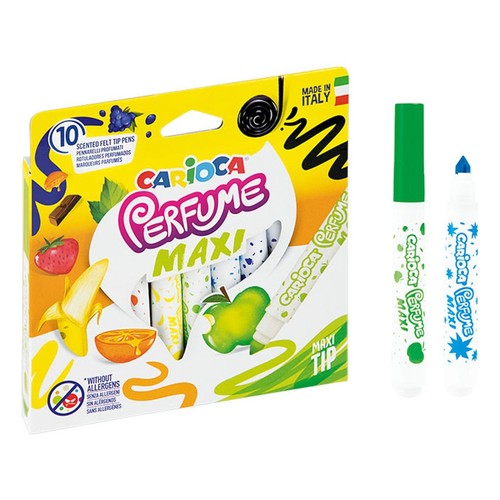 Żółte opakowanie 10 pachnących flamastrów Carioca Perfume Maxi z grubą końcówką. Na pudełku grafiki owoców: jagody, truskawka, banan, pomarańcza, jabłko oraz czekolada. Produkt bez alergenów, wyprodukowano we Włoszech. Obok dwa flamastry.