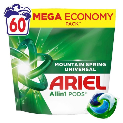 Opakowanie Ariel Allin1 PODS, 60 kapsułek, zapach Górska Wiosna Uniwersalny. Zielono-biała torba, mega opakowanie ekonomiczne.