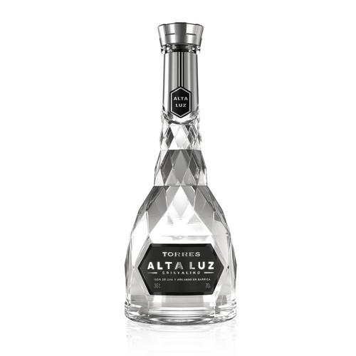Karafka Torres Alta Luz Cristalino 700 ml. Elegancka, fasetowana butelka z przezroczystego szkła, srebrna szyjka i zakrętka.