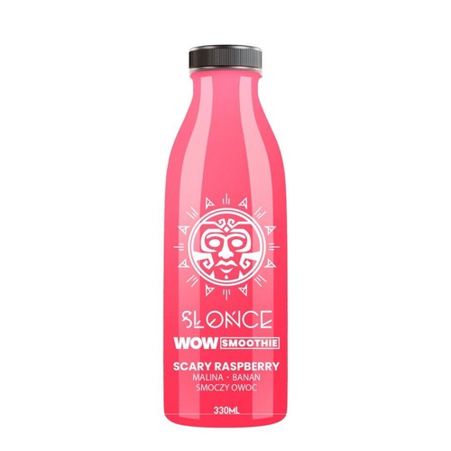 Produkt SLONCE WOW SMOOTHIE Scary Raspberry w różowej butelce o pojemności 330 ml. Etykieta zawiera białą grafikę słońca z centralną twarzą i geometrycznymi wzorami. Składniki to malina, banan, smoczy owoc.
