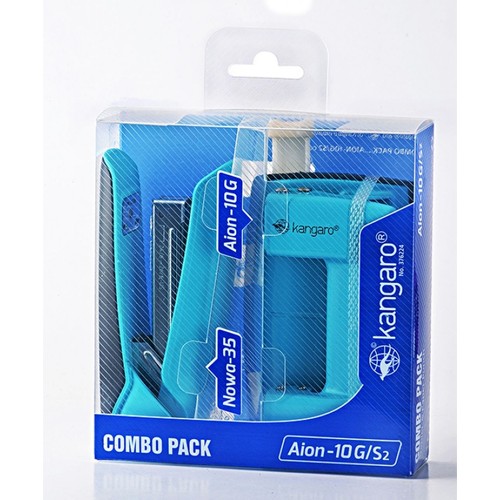 Przezroczyste opakowanie "COMBO PACK" marki Kangaro, zawierające niebieski zszywacz model Aion-10G oraz niebieskie narzędzie biurowe model Nowa-35. Opakowanie ma niebieską grafikę i białe napisy.