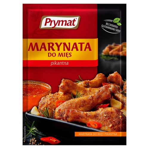 Prymat Marynata do mięs pikantna. Czerwona saszetka z napisem i zdjęciem gotowych pałek kurczaka.