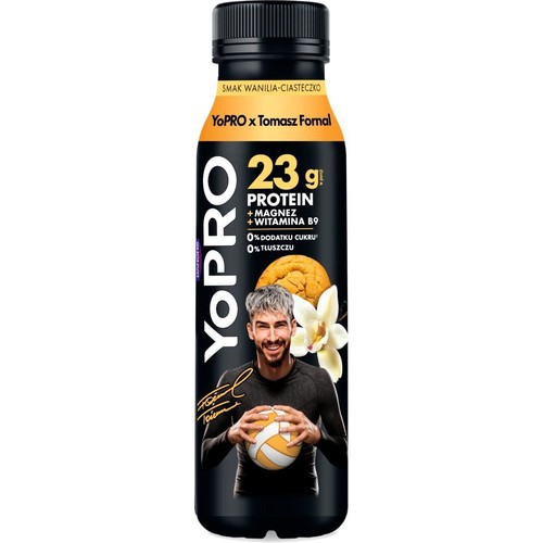 YoPRO napój proteinowy, smak wanilia-ciasteczko. Zawiera 23g białka, magnez i witaminę B9. Bez dodatku cukru i tłuszczu.