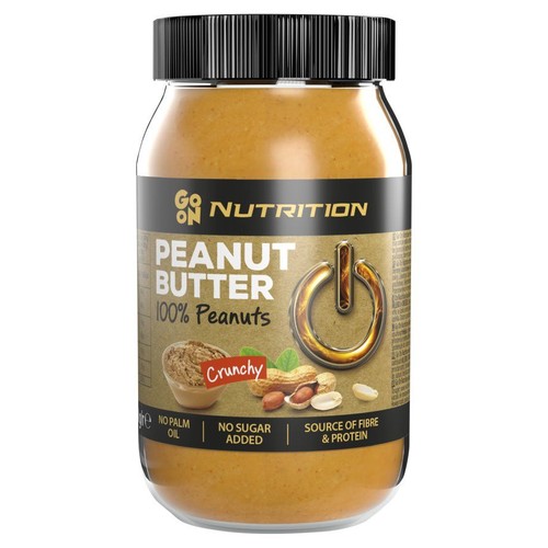 Słoik kremu orzechowego Go ON Nutrition 900g. Chrupiący, 100% orzechów, źródło błonnika i białka. Etykieta z orzeszkami.