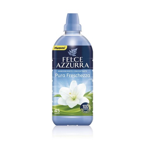 Niebieski płyn do płukania Felce Azzurra Pura Freschezza, koncentrat na 45 prań, z grafiką białej lilii.