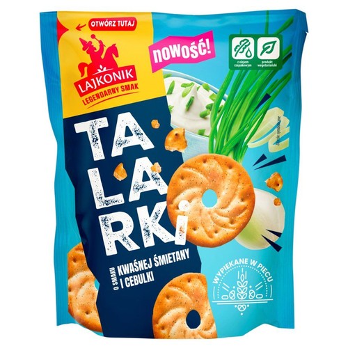 Lajkonik Talarki, pieczone krakersy z dziurką, o smaku kwaśnej śmietany i cebulki. Produkt wegetariański, z olejem rzepakowym.