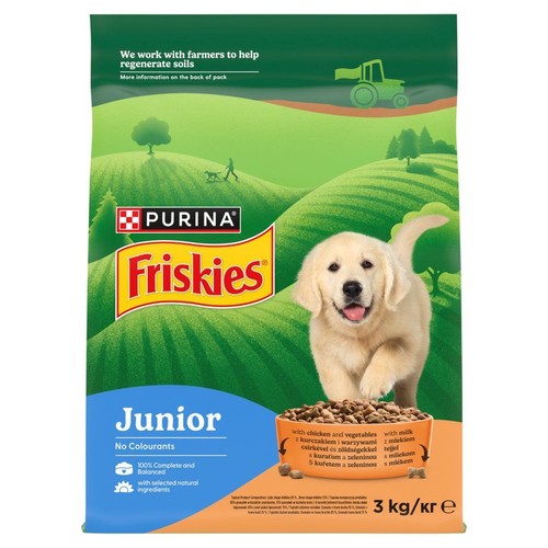 Zielono-niebieski worek karmy Friskies Junior dla szczeniąt, 3 kg. Zawiera kurczaka i warzywa. Na opakowaniu wizerunek psa.