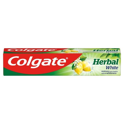 Tubka pasty do zębów Colgate Herbal White. Na opakowaniu widoczne cytryny i kwiaty, symbolizujące naturalną biel zębów.