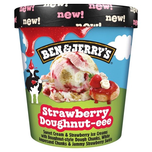 Kubek lodów Ben & Jerry's Strawberry Doughnut-eee. Na etykiecie grafika lodów z truskawkami i pączkami. Na wieczku napis "nowość!".