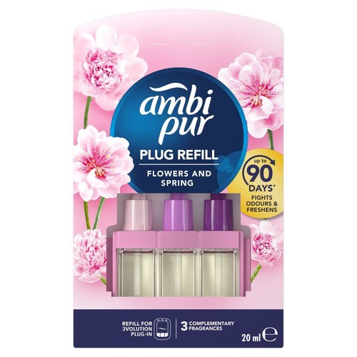 Wkład Ambi Pur Plug Refill, Kwiaty i Wiosna, 20 ml. Zwalcza zapachy, odświeża. Opakowanie z różowymi kwiatami.