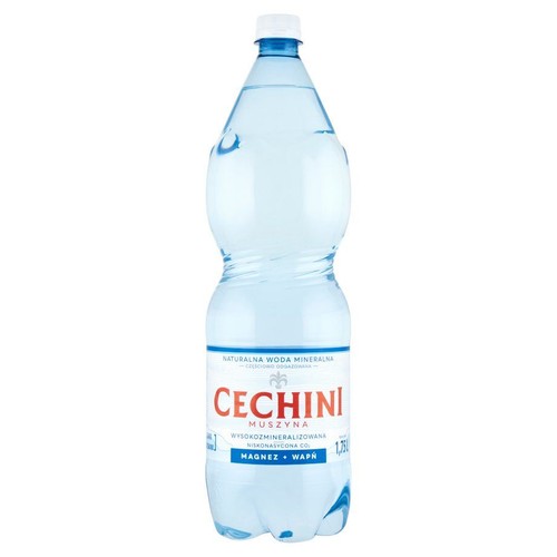 Plastikowa butelka naturalnej wody mineralnej Cechini Muszyna. Jest to woda wysokozmineralizowana, niskonasycona CO2, zawierająca magnez i wapń. Pojemność butelki to 1.75 litra.