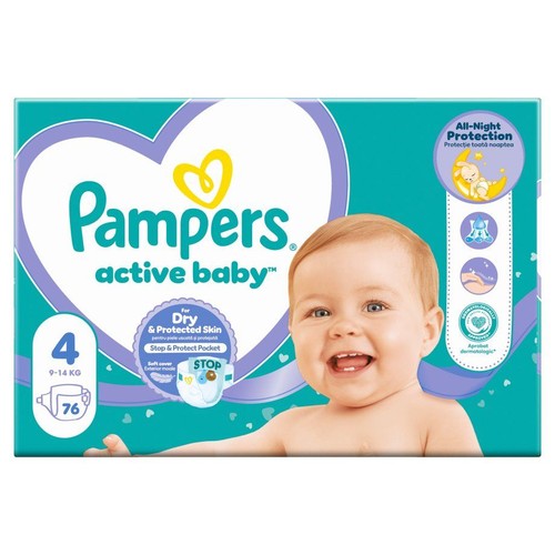 Paczka pieluszek Pampers Active Baby, rozmiar 4, 76 sztuk. Zapewniają suchość i ochronę skóry, całonocną ochronę.