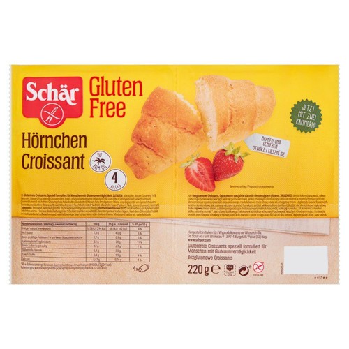 Produkt Schär: bezglutenowe croissany Hörnchen w żółtym opakowaniu. Zawiera 4 sztuki, masa netto 220g. Na grafice przedstawiono dwa apetyczne croissany, jeden w całości, drugi rozkrojony, oraz dwie czerwone truskawki, również całą i przekrojoną.