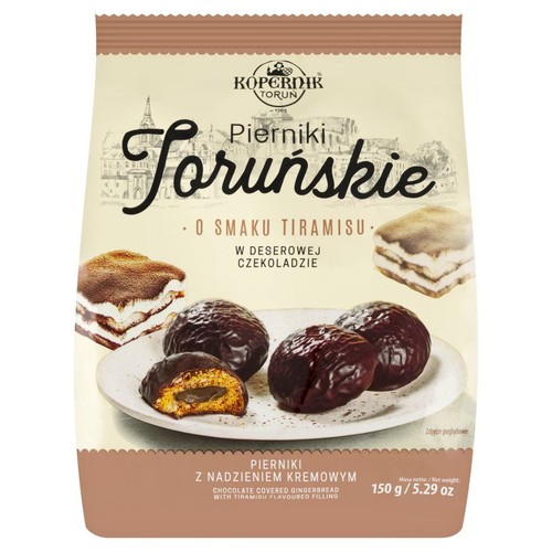 Opakowanie pierników Kopernik Toruńskie o smaku tiramisu w czekoladzie deserowej, z kremowym nadzieniem. Masa netto 150 g.