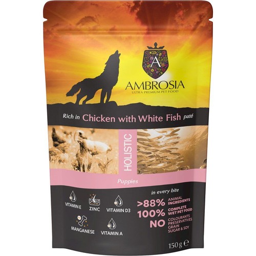 Karma mokra dla psów z kurczakiem i rybą   Ambrosia 150 g