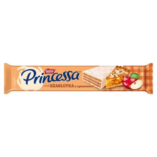 Produkt Princessa Nestle, wafel o smaku szarlotki z cynamonem. Opakowanie jest pomarańczowe, z białym logo "Princessa". Grafika na opakowaniu ukazuje przekrój wafla, apetyczny kawałek szarlotki oraz czerwone jabłko z liściem.