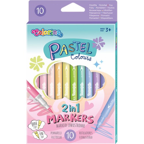Opakowanie 10 dwustronnych markerów Colorino Pastel Colours. Każdy marker ma dwie końcówki: pędzelkową i cienką. Widoczne kolory to różowy, pomarańczowy, żółty, zielony, niebieski i fioletowy. Produkt dla dzieci od 3 lat.