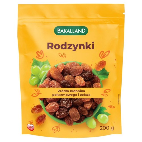 Bakalland Rodzynki, 200 g, w żółtej, stojącej torebce. Na etykiecie widoczne są suszone rodzynki w misce oraz ilustracje zielonych winogron. Produkt jest źródłem błonnika pokarmowego i żelaza.