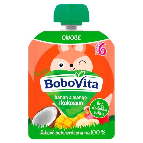 Saszetka BoboVita, owoce: banan, mango, kokos. Dla niemowląt od 6 miesięcy, bez cukru.