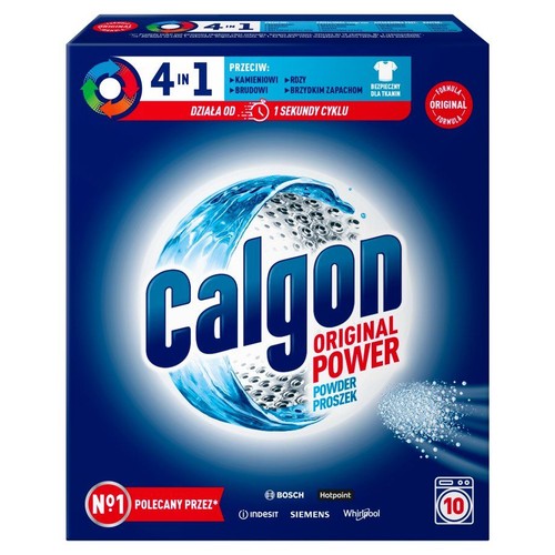 Niebieskie opakowanie proszku Calgon Original Power 4w1. Chroni pralkę przed kamieniem, rdzą, brudem i brzydkimi zapachami. Działa od 1 sekundy.