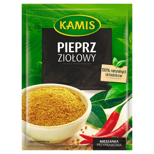 Torebka Kamis Pieprz Ziołowy. Zielone tło z czarnym prostokątem zawierającym nazwę. Na dole grafika symboliczna: miseczka z przyprawami, dwie czerwone papryczki chili i zielone liście. Etykieta "Mieszanka przyprawowa".