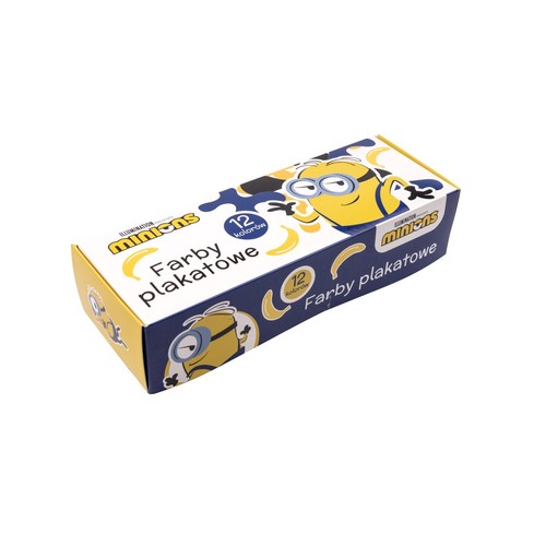 Prostokątne pudełko farb plakatowych Minions, zawierające 12 kolorów. Opakowanie jest żółto-niebieskie, z wizerunkami uśmiechniętych Minionków w okularach i motywem bananów. Idealne dla dzieci do malowania.