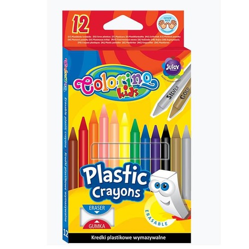 Zestaw 12 wymazywalnych kredek plastikowych Colorino Kids w kartonowym opakowaniu. Kredki w pełnej gamie kolorów, od czerwieni po czerń, ze srebrną i złotą. Produkt łatwy do zmazywania, nie brudzi rąk.