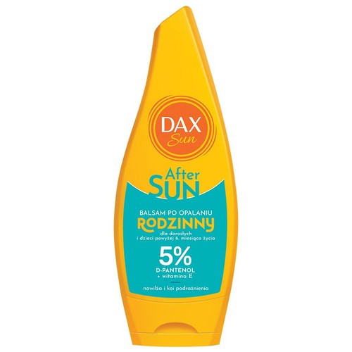 Żółta, ergonomiczna butelka balsamu po opalaniu Dax Sun Rodzinny, 175 ml. Etykieta w odcieniach turkusu i pomarańczy informuje o przeznaczeniu dla dorosłych i dzieci, 5% D-Pantenolu oraz właściwościach nawilżających i kojących.