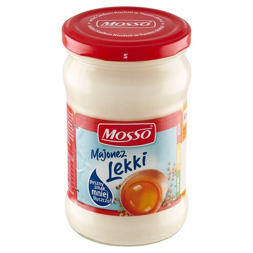 Słoik majonezu lekkiego Mosso z czerwoną zakrętką. Na etykiecie napis "Majonez Lekki" i grafika żółtka.