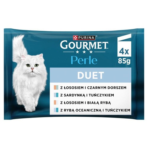 Karma dla kota Gourmet Perle Duet Rybny, 4x85g. Niebieskie opakowanie z wizerunkiem białego kota i informacją o smakach rybnych.