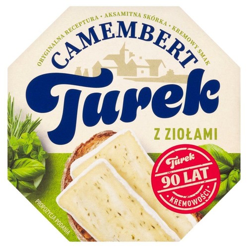 Opakowanie sera Camembert Turek z ziołami. Na beżowym tle nazwa produktu i grafika sera na pieczywie z ziołami.