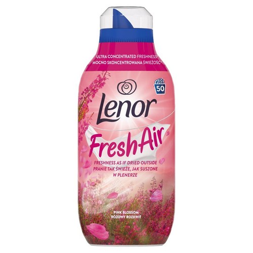 Lenor Fresh Air Różowy Rozkwit, mocno skoncentrowany płyn do płukania tkanin na 50 prań. Różowa butelka z kwiatami.