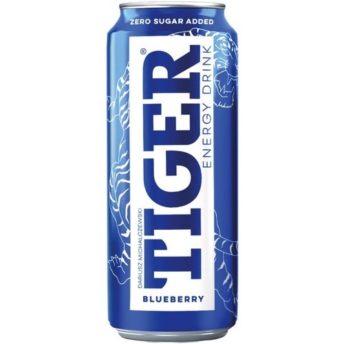 Gazowany owocowy napój energetyzujący o smaku jagody, z dodatkiem kofeiny i witamin. Zawiera substancje słodzące. Pasteryzowany.  TIGER 500 ml