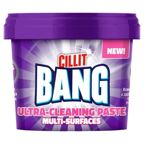 Fioletowe opakowanie pasty czyszczącej Cillit Bang Ultra-Cleaning Paste. Produkt do wielu powierzchni z etykietą "Nowość!".