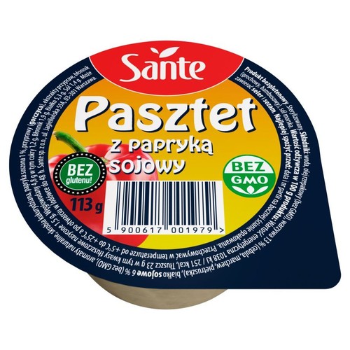 Okrągłe opakowanie pasztetu sojowego Sante 113 g. Na żółtej etykiecie czerwona papryka, napisy "Pasztet z papryką" i "BEZ glutenu!".
