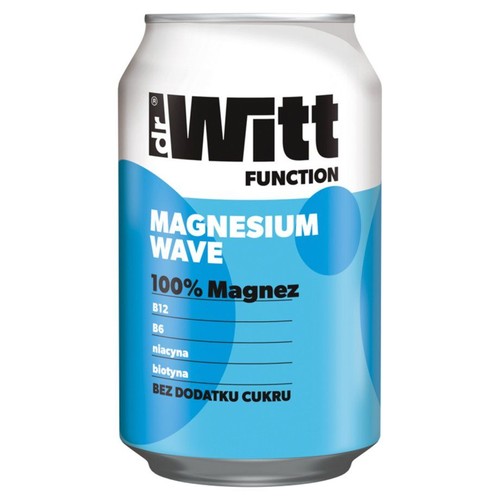 Biało-niebieska puszka napoju Dr Witt FUNCTION Magnesium Wave. Produkt zawiera 100% magnezu, witaminy B12, B6, niacynę i biotynę. Jest to napój bez dodatku cukru, wspierający funkcje organizmu.