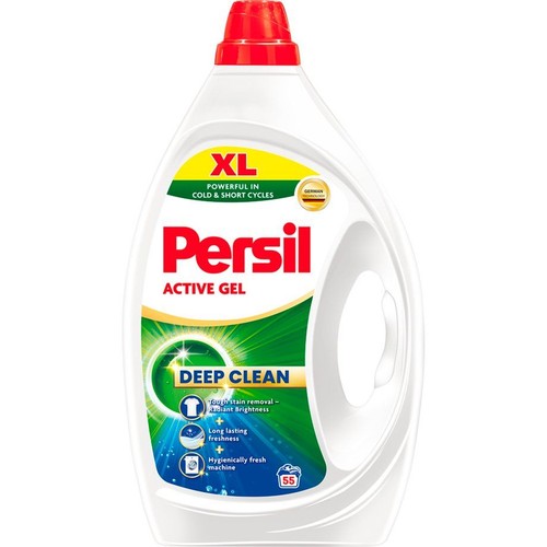 Biała butelka Persil Active Gel XL z czerwoną nakrętką. Skuteczny w zimnych i krótkich cyklach, zapewnia głębokie czyszczenie. 55 prań.