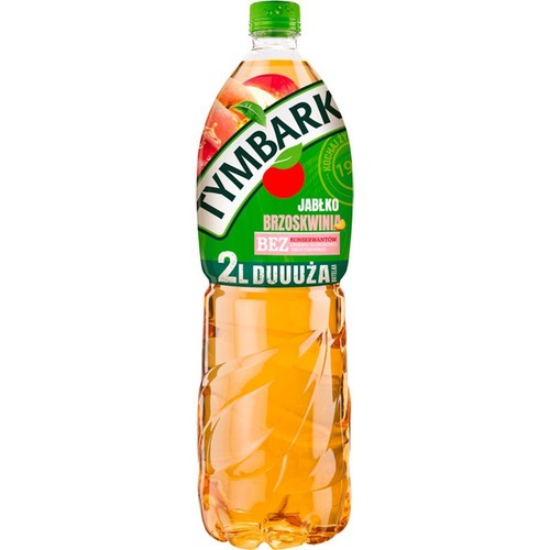 Napój Tymbark Jabłko Brzoskwinia w 2-litrowej butelce. Zielona etykieta z jabłkiem i brzoskwinią.