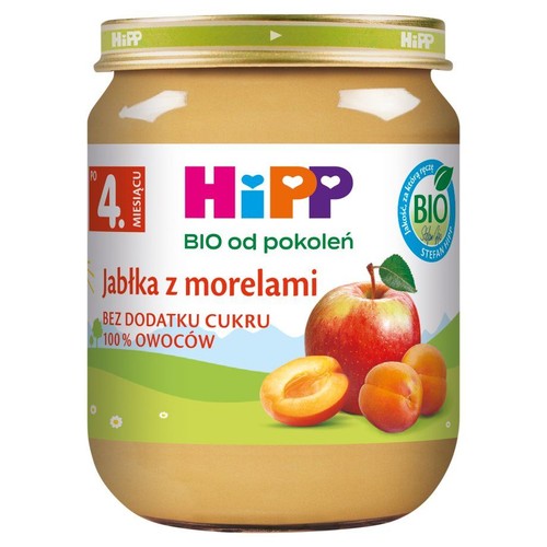 Słoik HiPP z przecierem jabłkowo-morelowym. Na etykiecie jabłko i morele. Przeznaczony dla dzieci od 4. miesiąca.