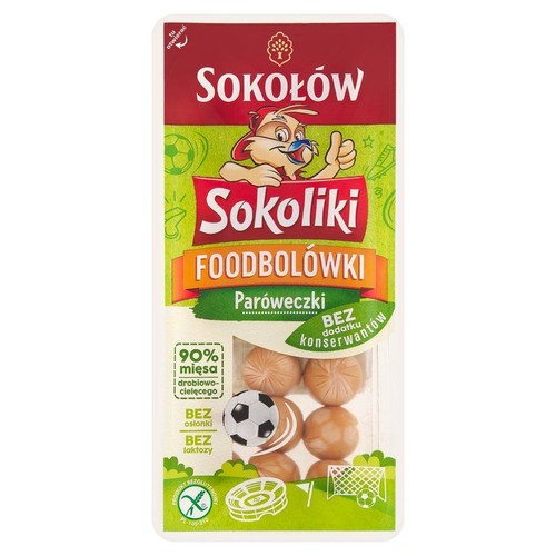 Opakowanie paróweczek Sokołów Sokoliki Foodbolówki. Zawiera 6 sztuk, 90% mięsa drobiowo-cielęcego, bez laktozy i konserwantów.