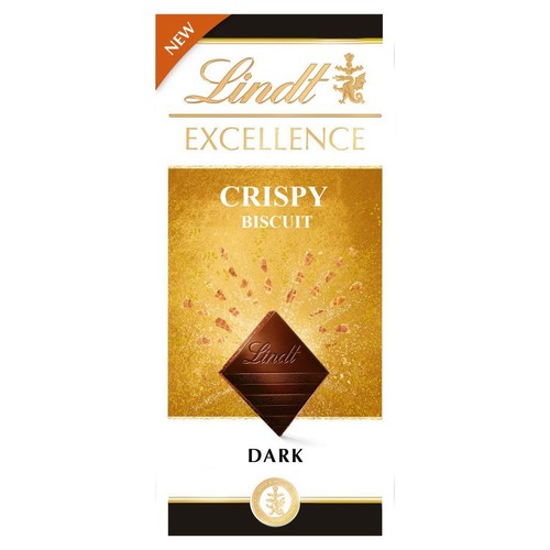 Opakowanie czekolady Lindt Excellence Ciemna z Chrupiącym Ciastkiem. Na białym tle widoczne złote elementy graficzne, w tym kawałek ciemnej czekolady z logo Lindt. W tle rozsypane drobinki ciastka. Na górze etykieta "Nowość".