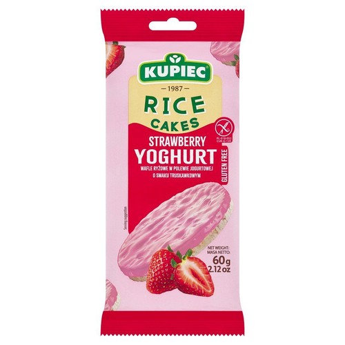 Opakowanie wafli ryżowych Kupiec o smaku truskawkowo-jogurtowym, 60g. Produkt bezglutenowy. Na opakowaniu grafika wafla i truskawek.