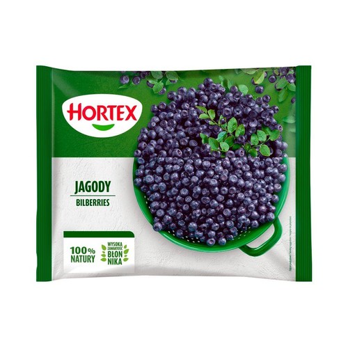 Opakowanie mrożonych jagód Hortex. Na zielono-białej torebce widoczne jagody w zielonym durszlaku.