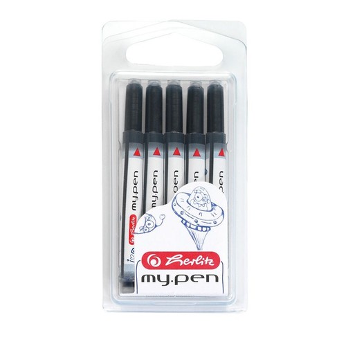 Zestaw pięciu czarnych cienkopisów Berlitz my.pen w przezroczystym blistrze. Każdy cienkopis ma czarną skuwkę i korpus, biały trzonek z logo my.pen oraz czerwony trójkąt. Na kartoniku pod spodem widnieje niebieski rysunek UFO i kosmity.