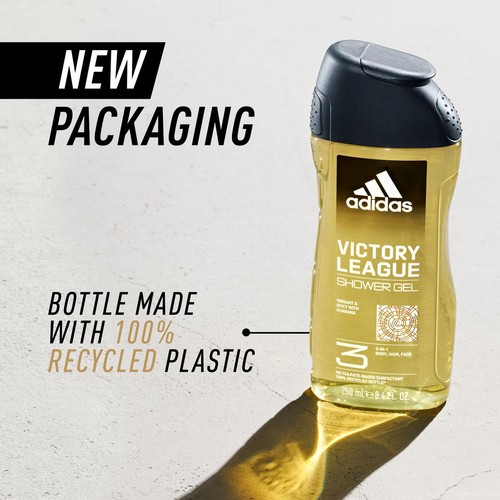 Żel pod prysznic Adidas Victory League 3w1 do ciała, włosów i twarzy w butelce 250 ml. Opakowanie z plastiku z recyklingu, bez siarczanowych środków powierzchniowo czynnych.